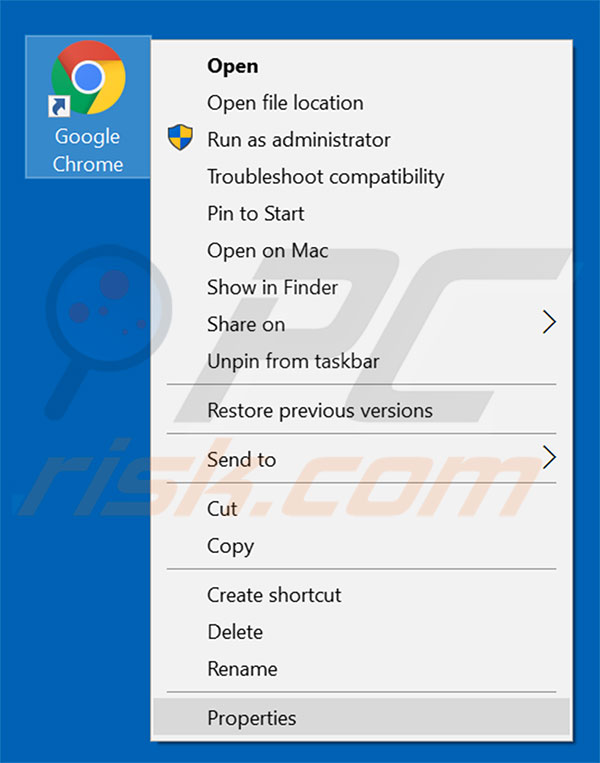 Removing saerch.net from Google Chrome shortcut target step 1