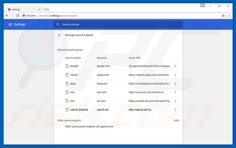 Removing saerch.net from Google Chrome default search engine