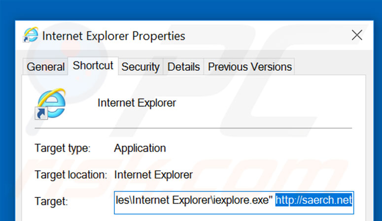Removing saerch.net from Internet Explorer shortcut target step 2