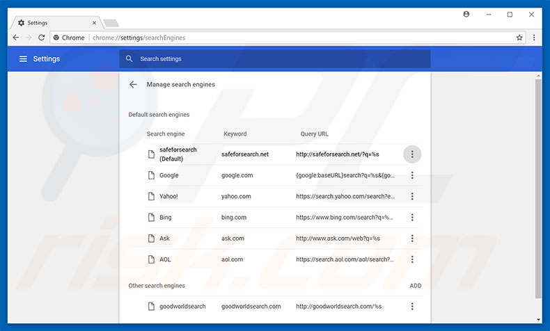 Removing safeforsearch.net from Google Chrome default search engine