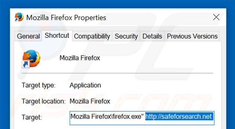 Removing safeforsearch.net from Mozilla Firefox shortcut target step 2