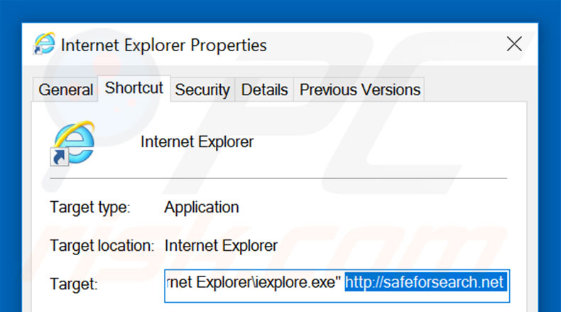 Removing safeforsearch.net from Internet Explorer shortcut target step 2