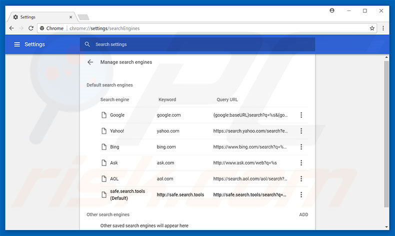 Removing safe.search.tools from Google Chrome default search engine