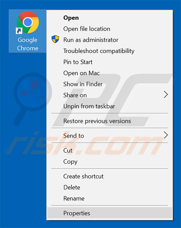 Removing screenrecordsearch.com from Google Chrome shortcut target step 1