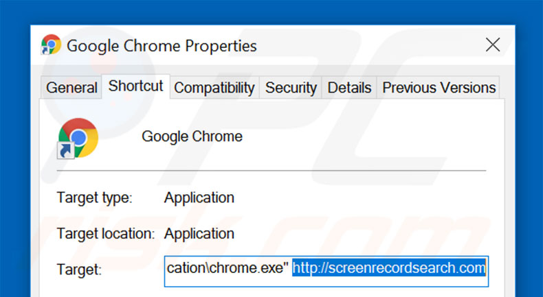 Removing screenrecordsearch.com from Google Chrome shortcut target step 2