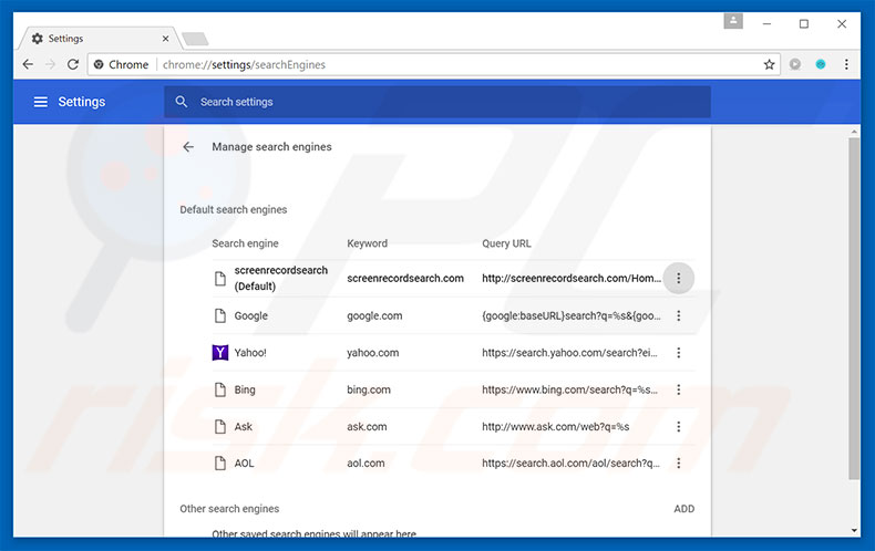 Removing screenrecordsearch.com from Google Chrome default search engine