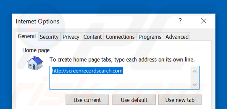 Removing screenrecordsearch.com from Internet Explorer homepage