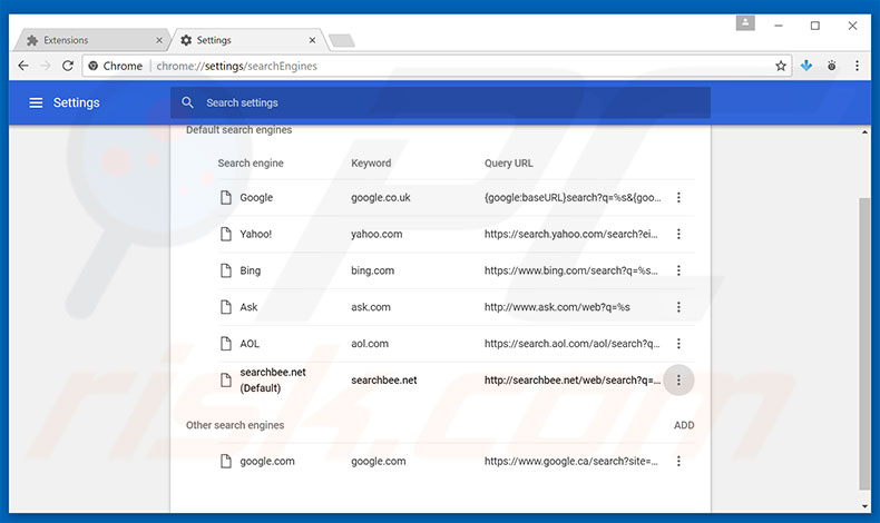 Removing searchbee.net from Google Chrome default search engine