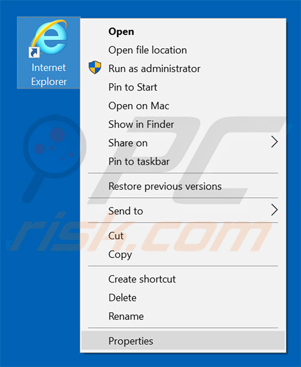Removing searchbee.net from Internet Explorer shortcut target step 1