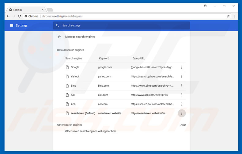 Removing searchererr.website from Google Chrome default search engine