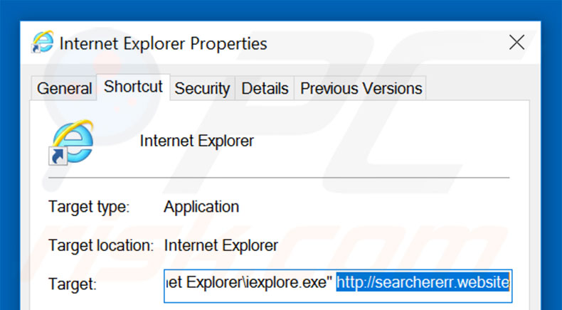 Removing searchererr.website from Internet Explorer shortcut target step 2