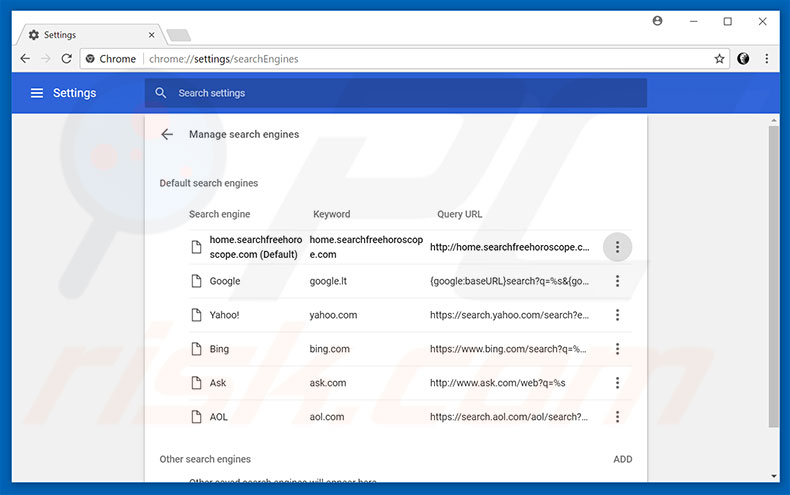 Removing home.searchfreehoroscope.com from Google Chrome default search engine