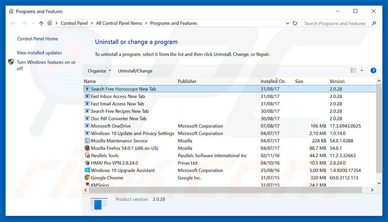 home.searchfreehoroscope.com browser hijacker uninstall via Control Panel