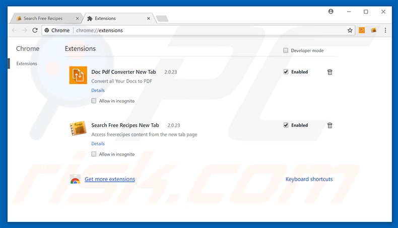 Removing home.searchfreerecipes.com related Google Chrome extensions