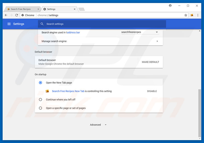 Removing home.searchfreerecipes.com from Google Chrome homepage