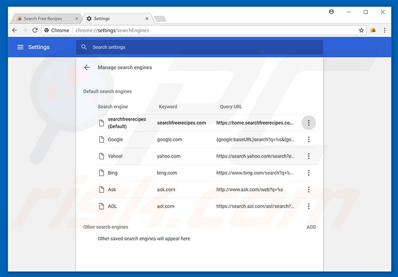Removing home.searchfreerecipes.com from Google Chrome default search engine