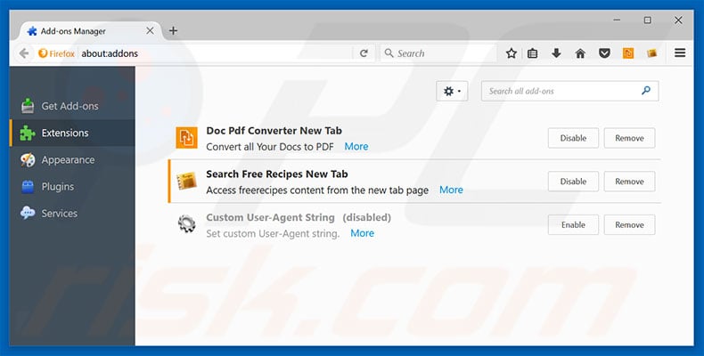 Removing home.searchfreerecipes.com related Mozilla Firefox extensions