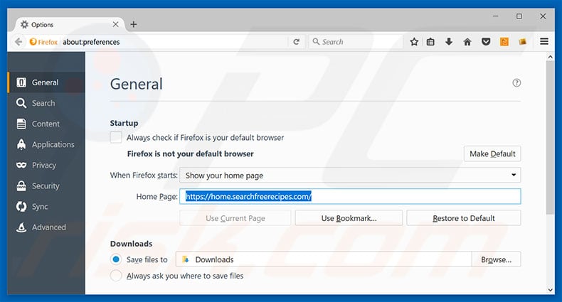 Removing home.searchfreerecipes.com from Mozilla Firefox homepage