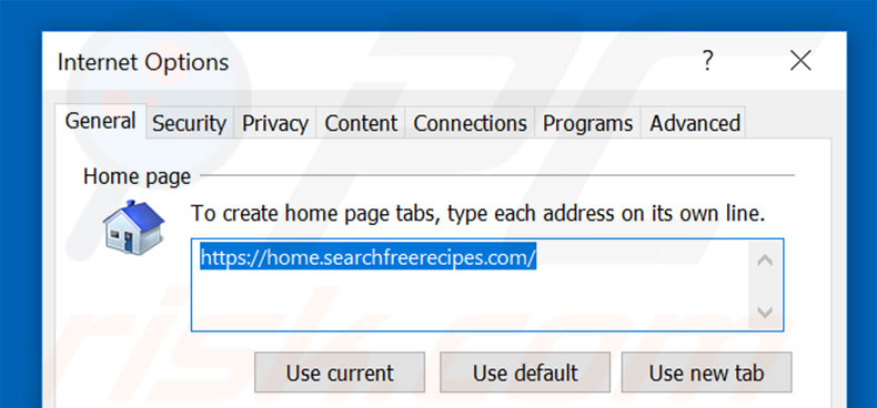 Removing home.searchfreerecipes.com from Internet Explorer homepage