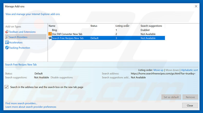Removing home.searchfreerecipes.com from Internet Explorer default search engine