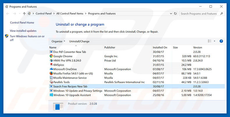 home.searchfreerecipes.com browser hijacker uninstall via Control Panel