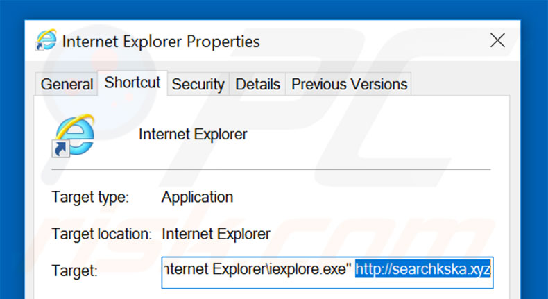 Removing searchkska.xyz from Internet Explorer shortcut target step 2