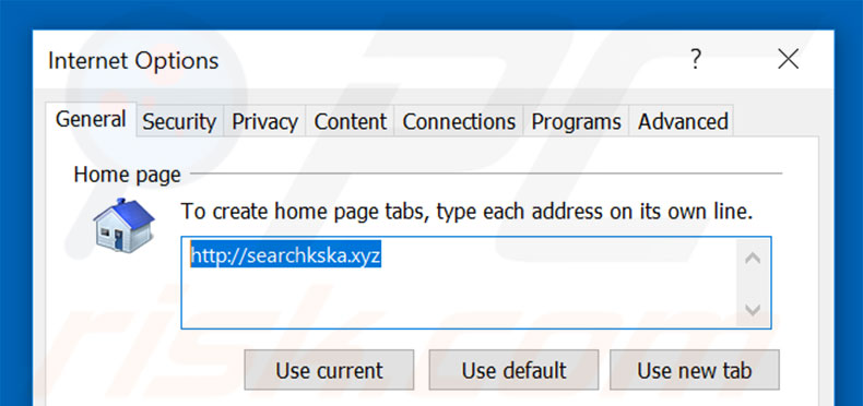 Removing searchkska.xyz from Internet Explorer homepage