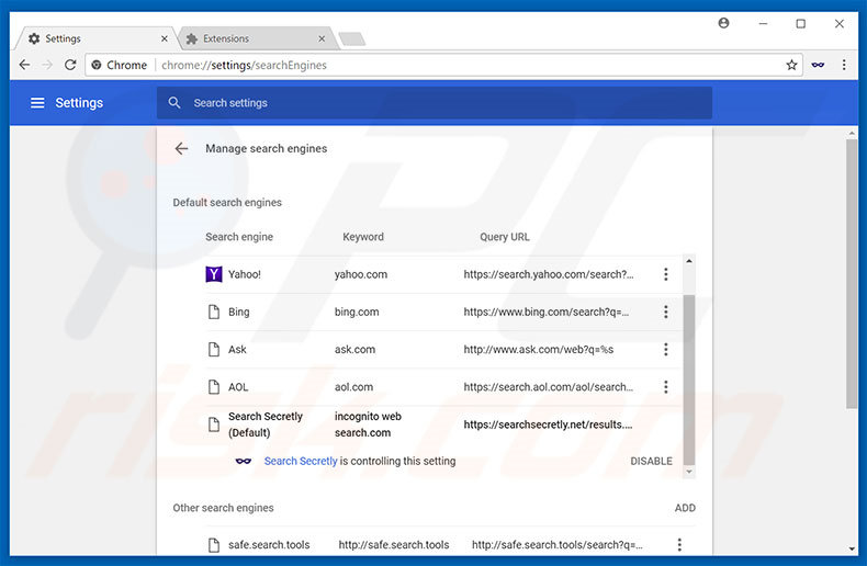 Removing searchsecretly.net from Google Chrome default search engine