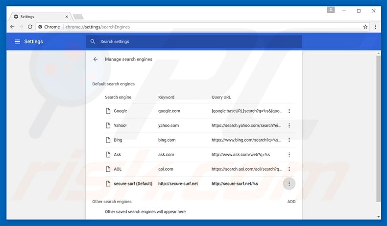 Removing secure-surf.net from Google Chrome default search engine