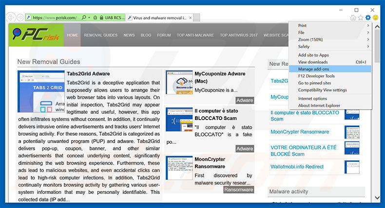 Removing securetrka.com ads from Internet Explorer step 1