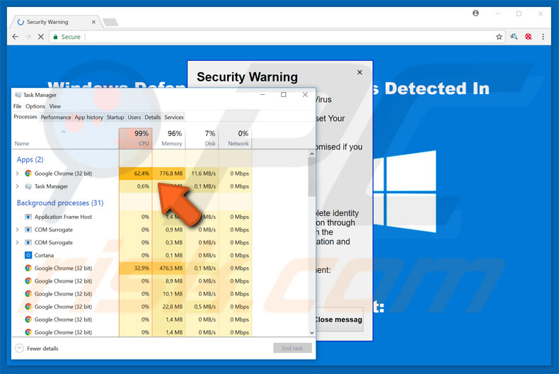 Security Warning scam maxing out computer's memory and CPU