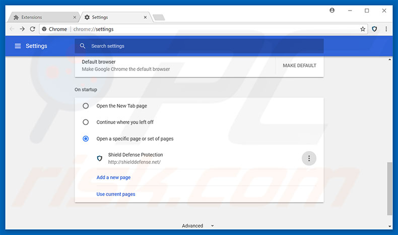 Removing shielddefense.net from Google Chrome homepage