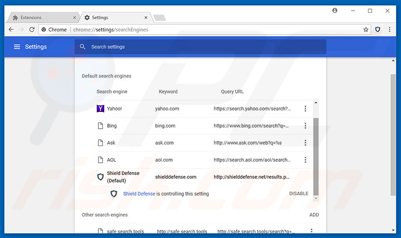 Removing shielddefense.net from Google Chrome default search engine