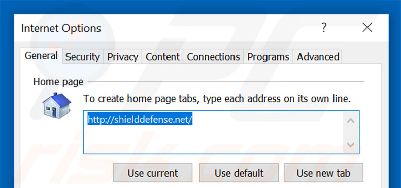Removing shielddefense.net from Internet Explorer homepage