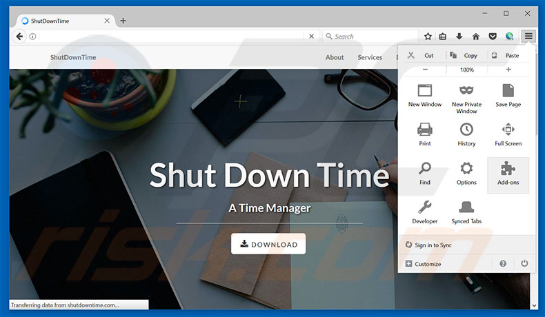 Removing ShutDownTime ads from Mozilla Firefox step 1