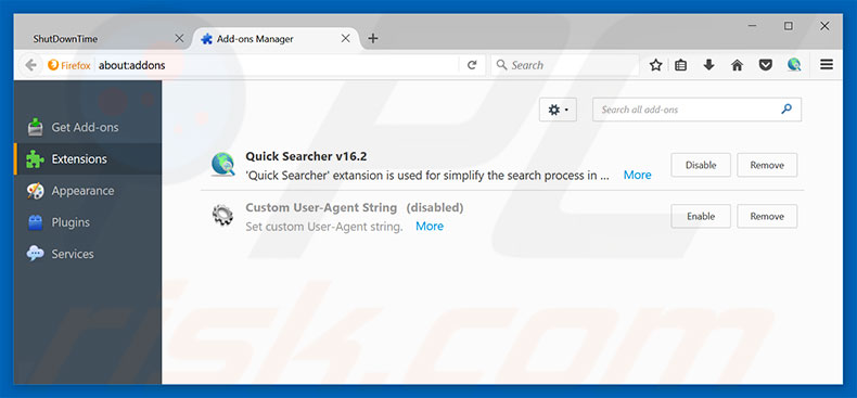 Removing ShutDownTime ads from Mozilla Firefox step 2