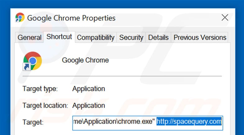 Removing spacequery.com from Google Chrome shortcut target step 2