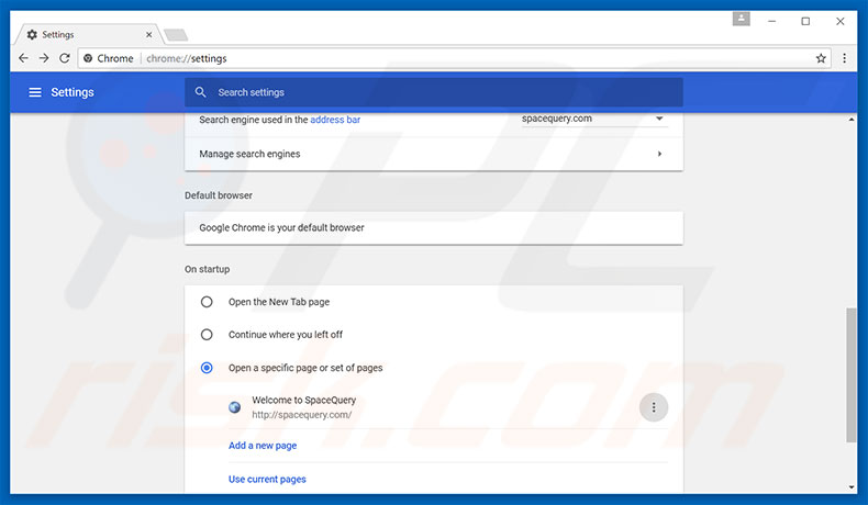 Removing spacequery.com from Google Chrome homepage