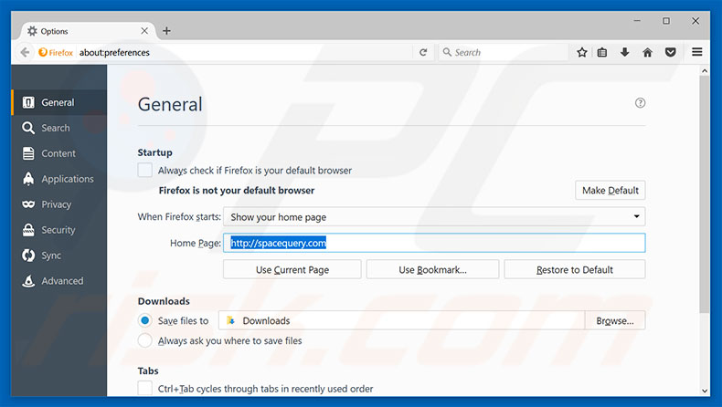 Removing spacequery.com from Mozilla Firefox homepage