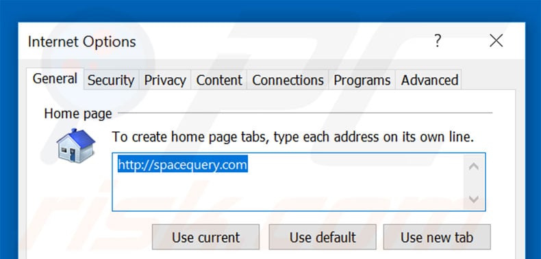Removing spacequery.com from Internet Explorer homepage