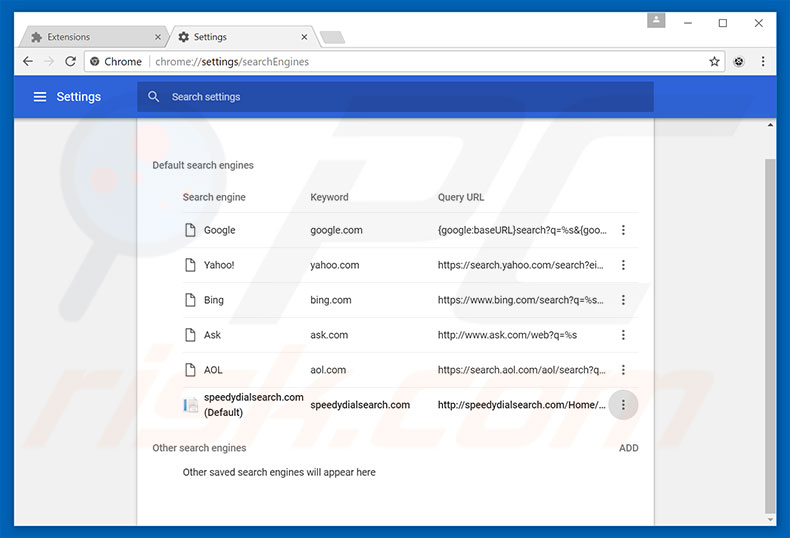 Removing speedydialsearch.com from Google Chrome default search engine