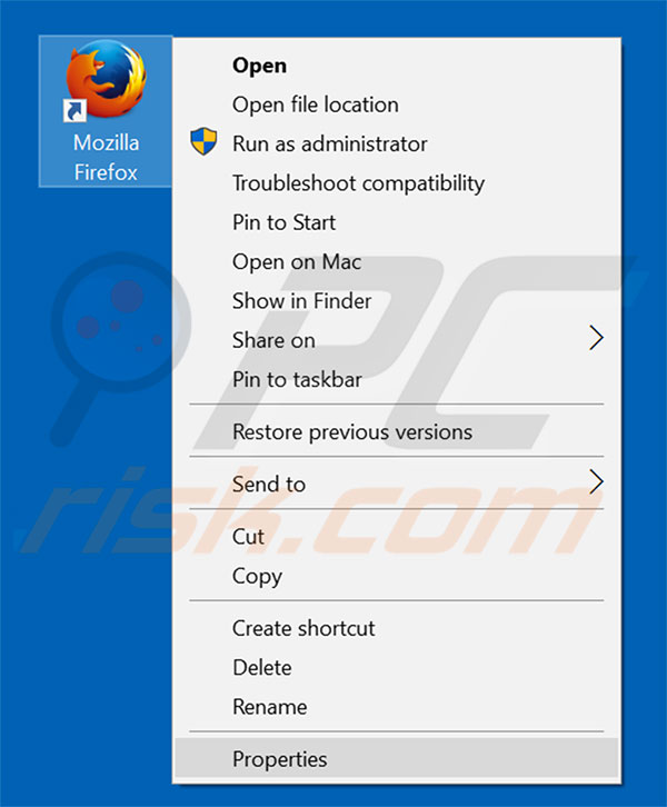 Removing speedydialsearch.com from Mozilla Firefox shortcut target step 1