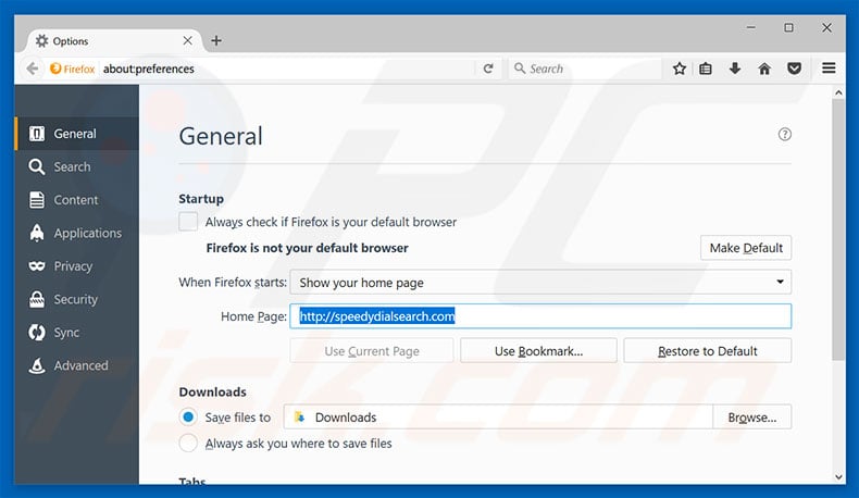 Removing speedydialsearch.com from Mozilla Firefox homepage