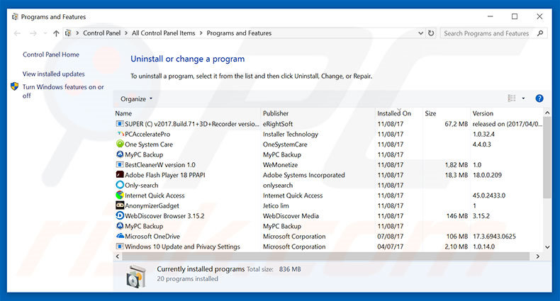 startpageweb.com browser hijacker uninstall via Control Panel