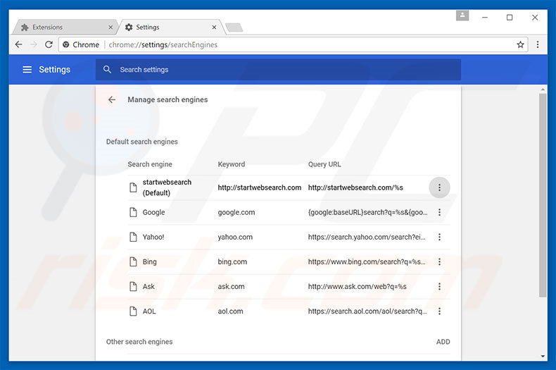 Removing startwebsearch.com from Google Chrome default search engine