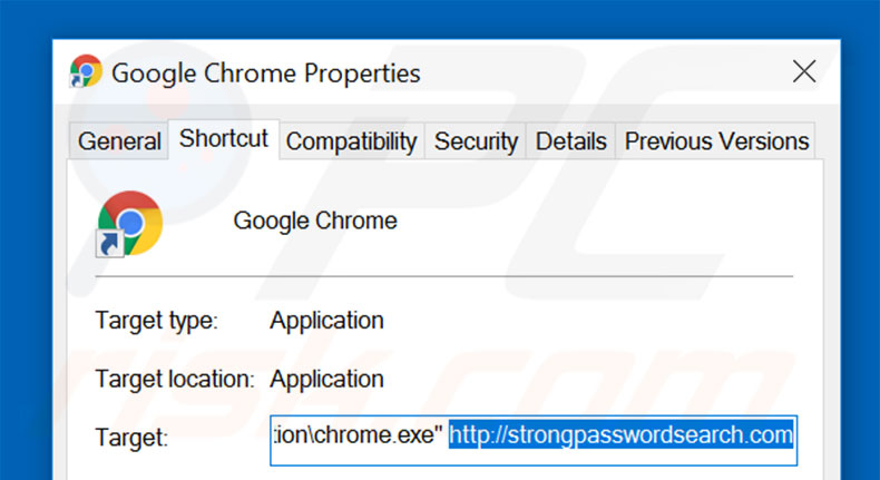 Removing strongpasswordsearch.com from Google Chrome shortcut target step 2