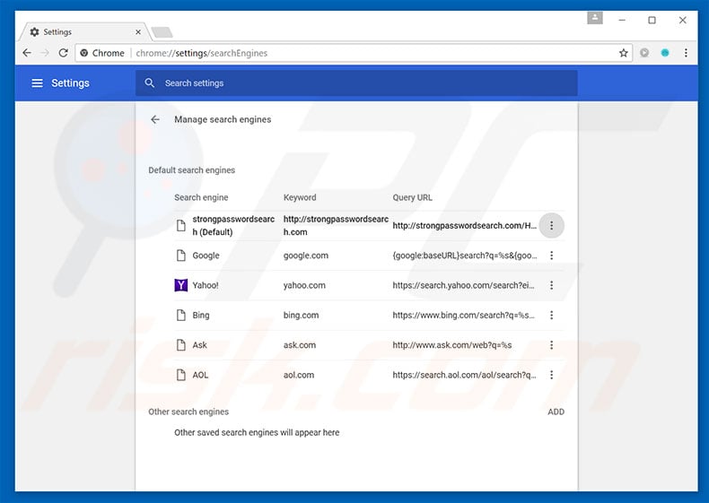 Removing strongpasswordsearch.com from Google Chrome default search engine