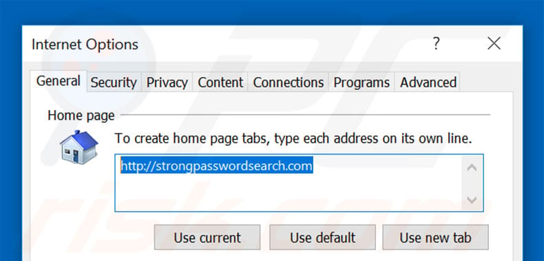 Removing strongpasswordsearch.com from Internet Explorer homepage