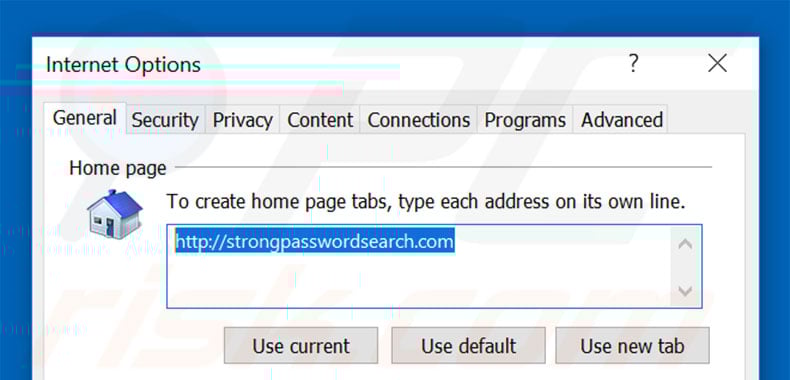 Removing strongpasswordsearch.com from Internet Explorer homepage
