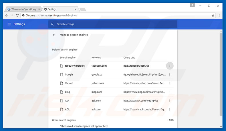Removing tabquery.com from Google Chrome default search engine
